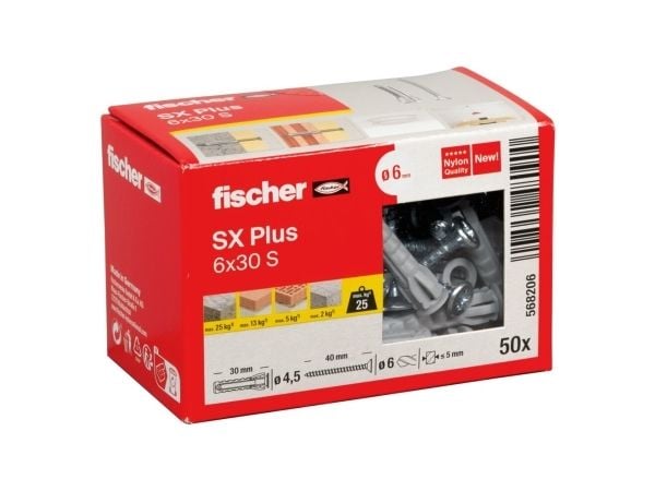 Fischer 568206, Skrue- og veggpluggsett, Lettbetong, Murstein, Betong, Gipsfiberplate, Murverk, Nylon, Grå, Pozidriv, PZ2