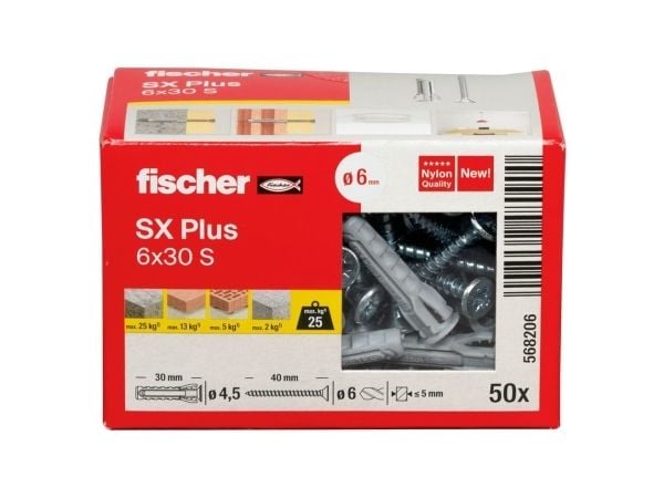 Fischer 568206, Skrue- og veggpluggsett, Lettbetong, Murstein, Betong, Gipsfiberplate, Murverk, Nylon, Grå, Pozidriv, PZ2