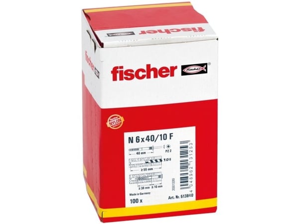 Fischer 513840, Skrue- og veggpluggsett, Murstein, Betong, Pozidriv, PZ2, 40 mm, 6 mm