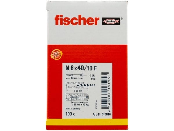 Fischer 513840, Skrue- og veggpluggsett, Murstein, Betong, Pozidriv, PZ2, 40 mm, 6 mm