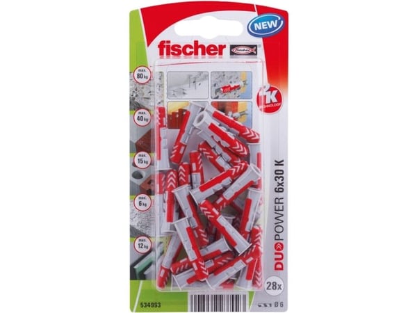 Fischer 534993, Kit med skruv och väggplugg, Tegel, Betong, 30 mm, 6 mm ...