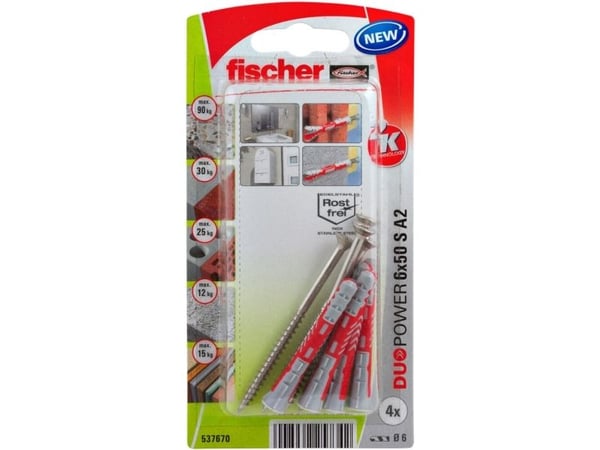 Fischer 537670, Skrue- og veggpluggsett, Murstein, Betong, Pozidriv, PZ2, 50 mm, 6 mm