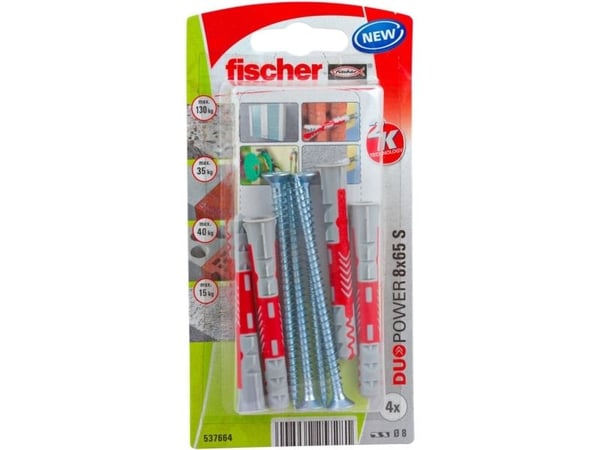 Fischer 537664, Skrue- og veggpluggsett, Murstein, Betong, 65 mm, 8 mm, 8,5 cm, 5 mm