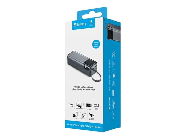 Sandberg All-in-1 - Powerbank - 5 / 9 / 12 / 15 / 20 / 28 V - 240 Watt - Litium-polymer - 27000 mAh - 97,2 Wh - utgangskontakter: 2