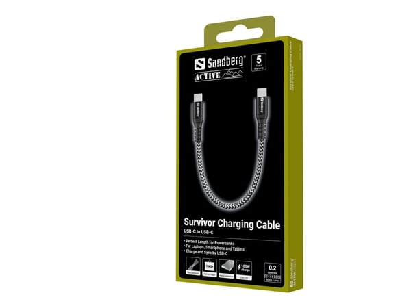 Sandberg Survivor - USB-kabel - 24 pin USB-C (hann) til 24 pin USB-C (hann) - 20 cm