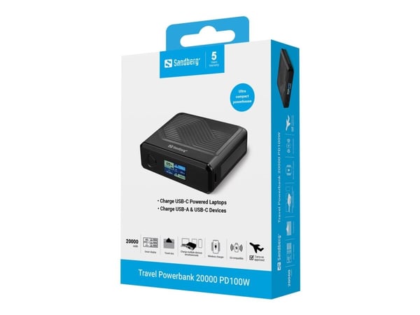 Sandberg Travel - Trådløs nødlader - 5 / 9 / 12 / 15 / 20 V - 100 watt - litiumpolymer - 20000 mAh - 77 Wh - utgangskontakter: 2