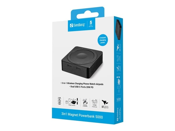 Sandberg 3in1 - Trådløs nødlader - 5000 mAh - 18.5 Wh - 20 watt - 3 A - PD - 2 utgangskontakter (USB-C)