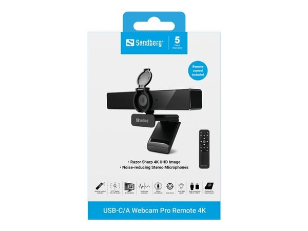 Sandberg Pro Remote - Webbkamera - färg - 8 MP - 3840 x 2160 - 4K - ljud - USB