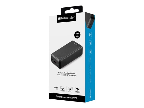 Sandberg SAVER - Strømbank - 27000 mAh - 99.9 Wh - 22.5 watt - 3 A - PD - 2 utgangskontakter (USB-C, USB)
