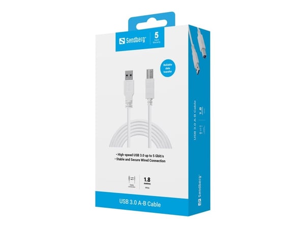Sandberg 509-23, 1,8 m, USB A, USB B, USB 3.2 Gen 1 (3.1 Gen 1), 5 Gbit/sek, hvit