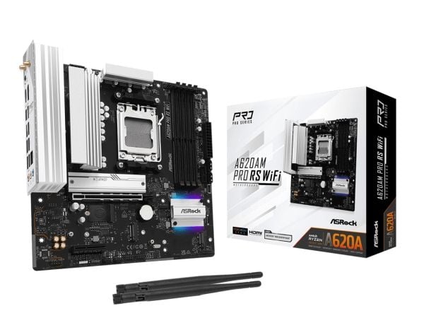 ASRock A620AM PRO RS WIFI - Hovedkort - micro ATX - Socket AM5 - AMD A620A Chipset - USB 3.2 Gen 1, USB-C 3.2 Gen 1 - 2.5 Gigabit LAN, Wi-Fi 6E, Bl...