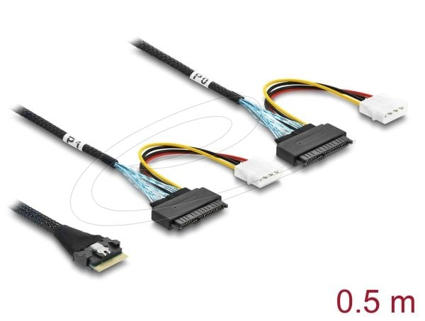 Delock PCIe 4.0-kabel Slim SAS SFF-8654 8i til 2 x U.2 SFF-8639 hunn + strømkontakt 0,5 m
