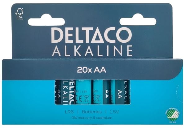 Deltaco AA alkaline 20-pack, Kertakäyttöinen akku, AA, Alkali, 1,5 V, 20 kpl, 2800 mAh