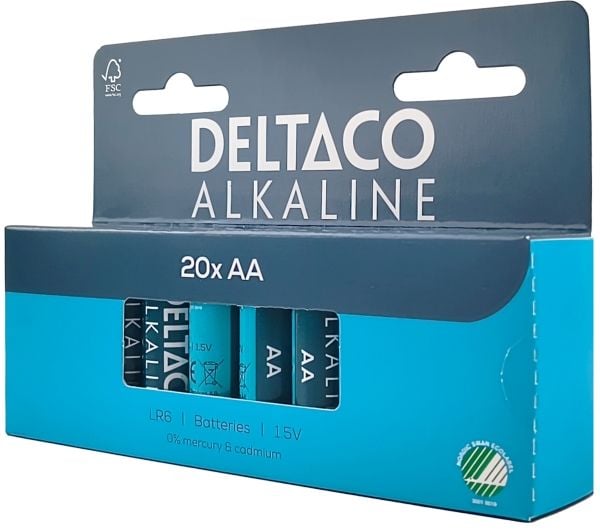 Deltaco AA alkaline 20-pack, Kertakäyttöinen akku, AA, Alkali, 1,5 V, 20 kpl, 2800 mAh