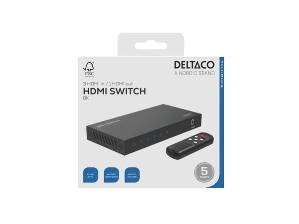 DELTACO - Video/audio switch - 3 inputs to 1 output, 8K@60Hz, with remote - 4 x HDMI - stasjonær