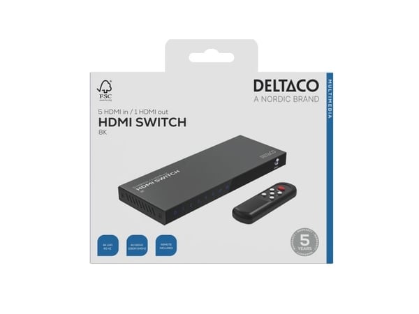 DELTACO - Video/audio switch - 5 inputs to 1 output, 8K@60Hz, with remote - 6 x HDMI - stasjonær