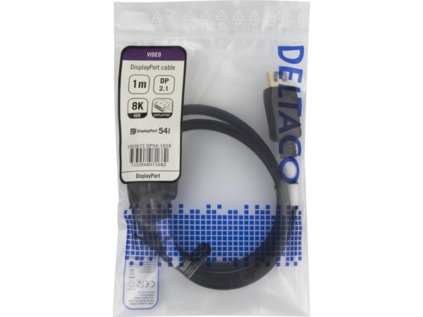 DELTACO - DisplayPort-kabel - DisplayPort (hann) hasp til DisplayPort (hann) hasp - DisplayPort 2.1a - 1 m - VESA DP54-sertifisert - svart