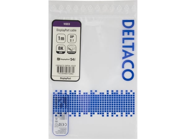 DELTACO - DisplayPort-kabel - DisplayPort (hann) hasp til DisplayPort (hann) hasp - DisplayPort 2.1a - 1 m - VESA DP54-sertifisert - svart