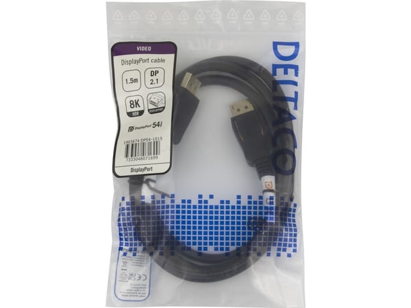 DELTACO - DisplayPort-kabel - DisplayPort (hann) hasp til DisplayPort (hann) hasp - DisplayPort 2.1a - 1,5 m - VESA DP54-sertifisert - svart