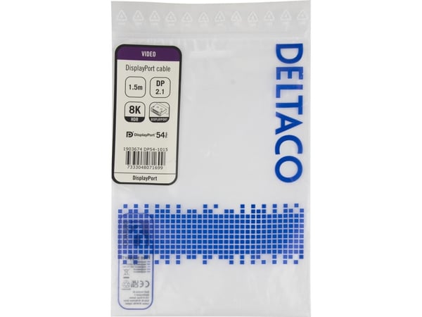 DELTACO - DisplayPort-kabel - DisplayPort (hann) hasp til DisplayPort (hann) hasp - DisplayPort 2.1a - 1,5 m - VESA DP54-sertifisert - svart