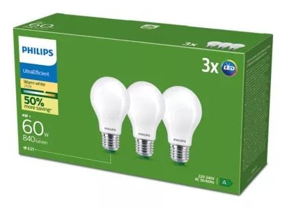 Philips Filamenttilamppu huurrettu 60W A60 E27 x3, 4 W, 60 W, E27, 840 lm, 50000 h, Lämmin valkoinen