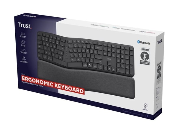 Trust Keyra, Fuld størrelse (100 %), Trådløs, RF trådløs + Bluetooth, Membran, QWERTY, Sort