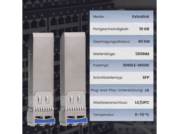 Splitter Extralink SFP+ 10G 2 pakke | SFP+-modul | 10 Gbps, LC/UPC, 1310 nm, 40 km, enkeltmodus, DOM