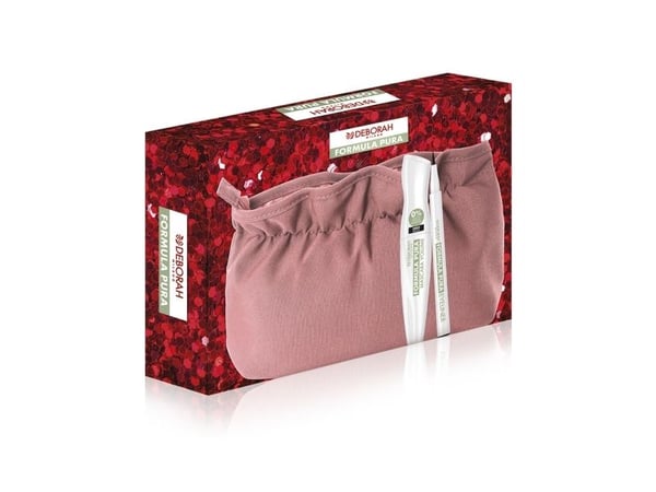 Deborah-sett: Formula Pura Volumizing mascara, Black, 12 ml + Formula Pura Gel Pencil Eyeliner, Black, 1,5 g + sminkepung, rosa