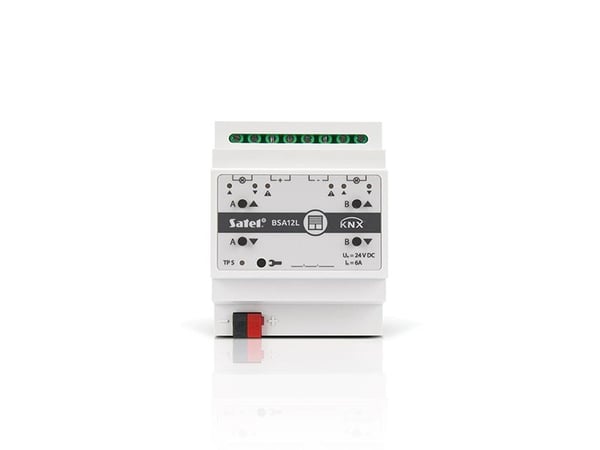 Satel KNX-BSA12L, Kaihtimen/ikkunaluukun käyttölaite, DIN-kiskokiinnitys, 8 kanavaa, IP20, Valkoinen, 0 - 45 °C