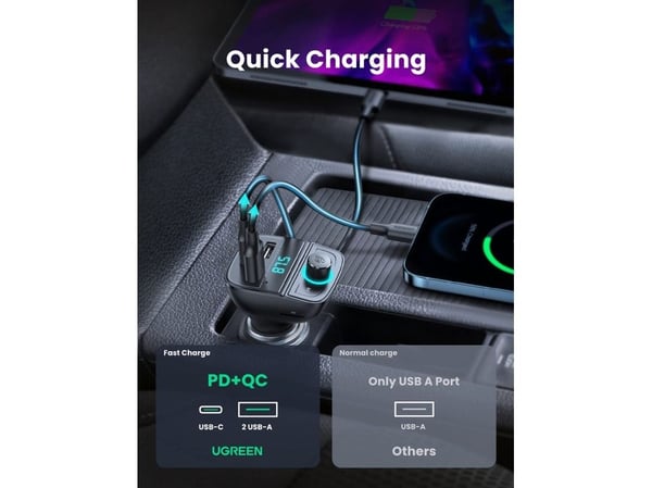 Ugreen [AI generated title] Biloplader / FM-Sender Med Bluetooth 5.0 3 Usb Porte, USB, iPhone, Musta, Tupakansytytin