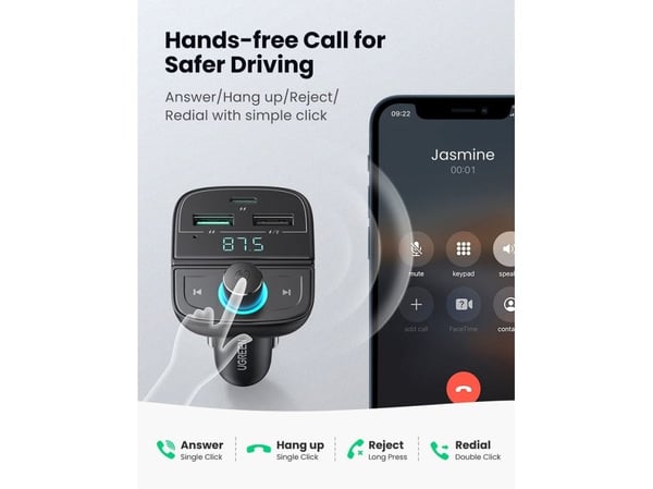 Ugreen [AI generated title] Biloplader / FM-Sender Med Bluetooth 5.0 3 Usb Porte, USB, iPhone, Musta, Tupakansytytin