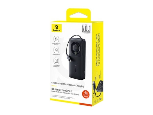 Baseus Free2Pull powerbank 10000mAh 30W med USB-C og uttrekkbar USB-C-kabel - svart