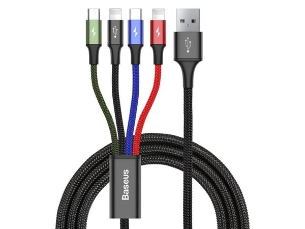 Baseus KB2L435A12BK, Sort, Blå, Grønn, Rød, USB A, 2 x Lightning + micro-USB B + USB C, 1,2 m, Hankjønn, Hankjønn