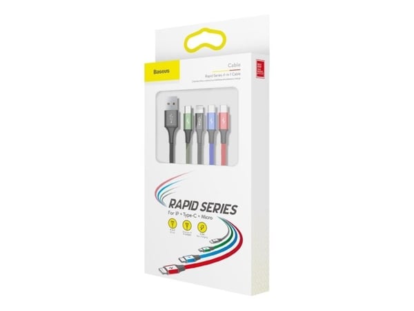 Baseus CA1T4-B01, Sort, USB A, Lightning + micro-USB B + USB C, 1,2 m, Hanstik, Hanstik