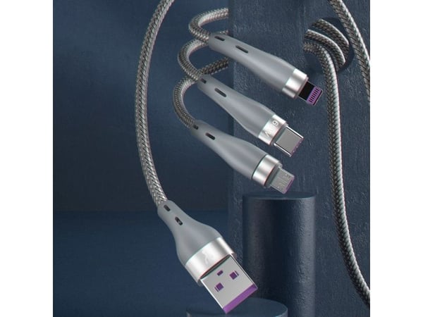 Dudao USB-kaapeli USB-A - USB-C + microUSB + Lightning 1,2 m harmaa (6973687242220)