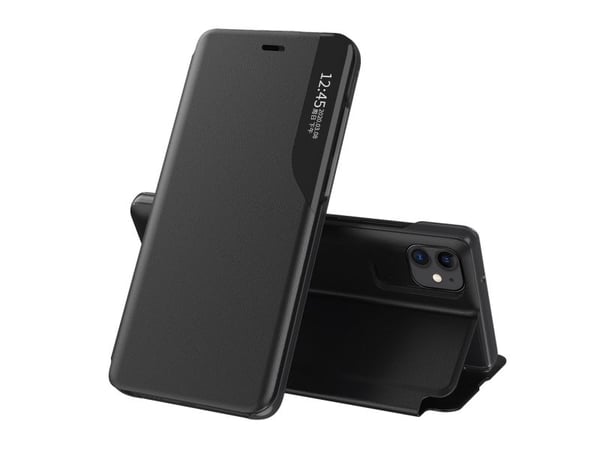 Hurtel Eco Leather View Case elegant deksel med flip-deksel og stativfunksjon for iPhone 13 Pro svart