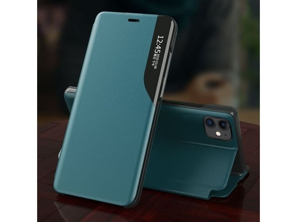 Eco Leather View Case elegant bokomslags-type etui med stativ til iPhone 13 Pro grønn