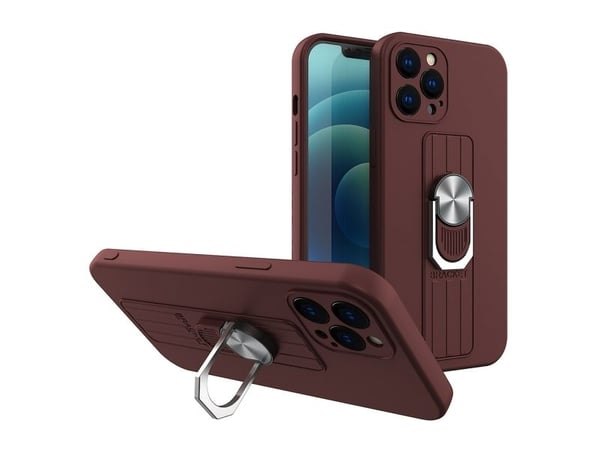 Hurtel Ring Case silikondeksel med fingerholder og stativ for iPhone 12 Pro Max brun
