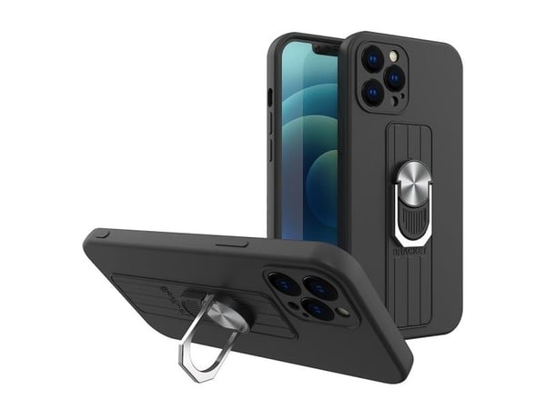 Ring-etui i silikon med fingergrep og stativ til Samsung Galaxy A22 4G svart