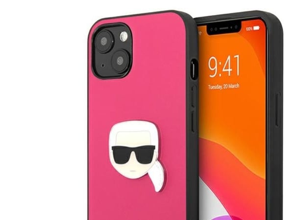 Karl Lagerfeld lær ikonisk Karl's Head metall-etui til iPhone 13 mini - rosa
