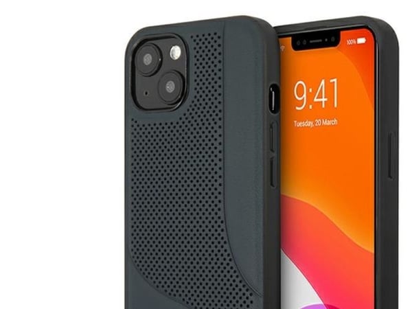 Mercedes lær perforert område-deksel til iPhone 13 mini - marineblå