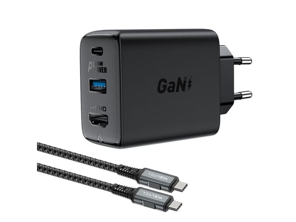 Acefast 2-i-1-laddare GaN 65W USB Type C / USB, HDMI-adapter HDMI-adapter 4K 60Hz (set med kabel) svart (A17 black)