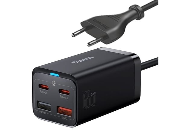 Baseus - Strömadapter - GaN3 Pro - 65 Watt - 3 A - PD, QC, AFC - 4 utdatakontakter (2 x USB-C, 2 x USB) - på kabel: USB-C - svart