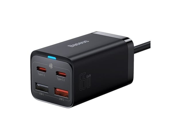 Baseus - Strömadapter - GaN3 Pro - 65 Watt - 3 A - PD, QC, AFC - 4 utdatakontakter (2 x USB-C, 2 x USB) - på kabel: USB-C - svart
