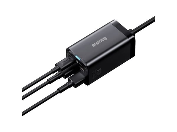 Baseus - Strömadapter - GaN3 Pro - 65 Watt - 3 A - PD, QC, AFC - 4 utdatakontakter (2 x USB-C, 2 x USB) - på kabel: USB-C - svart