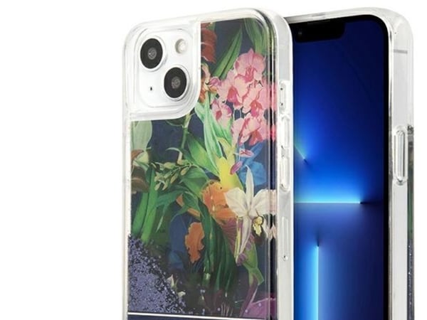 Guess GUHCP13SLFLSB iPhone 13 mini 5,4" blå/blå hardcase Flower Liquid Glitter