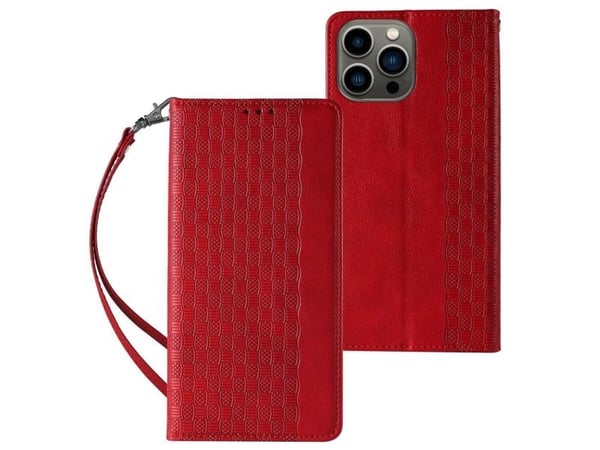 Magnet Strap-etui iPhone 14 Plus med flip-lommebok mini-snøre/holder - rød