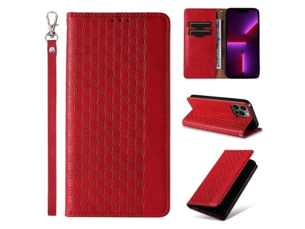 Magnet Strap-etui iPhone 14 Plus med flip-lommebok mini-snøre/holder - rød