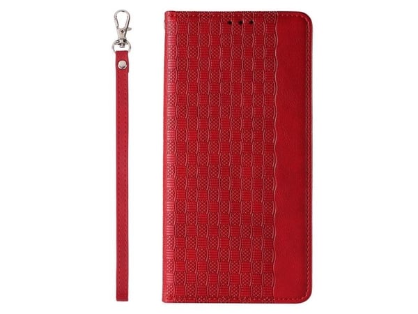 Magnet Strap-etui iPhone 14 Plus med flip-lommebok mini-snøre/holder - rød