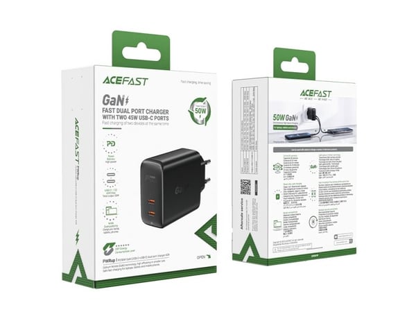 Acefast A29 PD50W GaN (USB-C + USB-C) dobbelportlader - svart